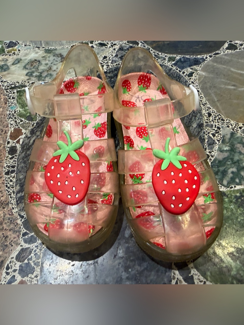 Kids Clear Jelly Sandals with Strawberry Charm - Pink/Red